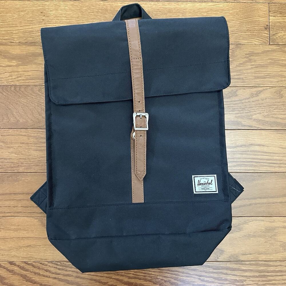 Herschel City Backpack 14.0L Mid‎ Volume Black Canvas Flap Laptop Bag Bookbag